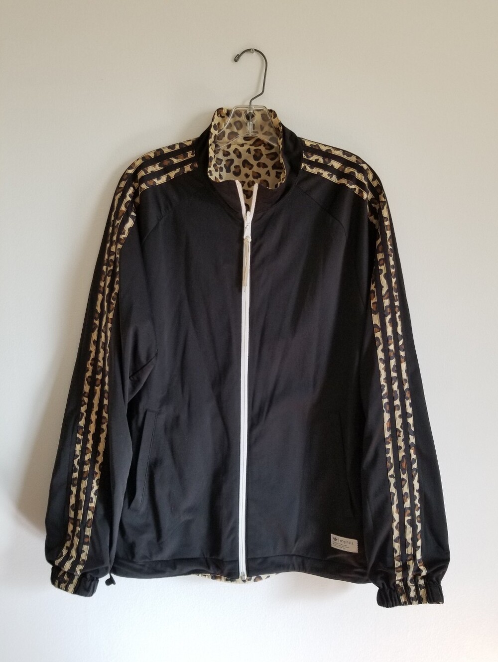 adidas Reversible Black Windbreaker with Leopard-Print Trim Jacket